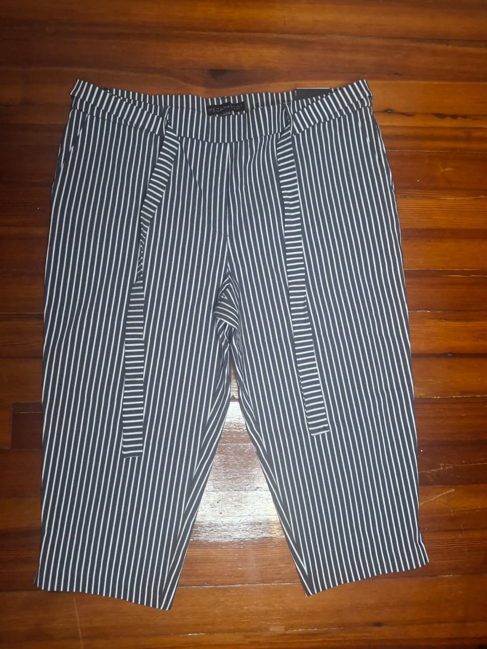 Meg & Margot High-Rise, Pull-On Striped Pants w Tie-Waist Belt, Black & White,XL